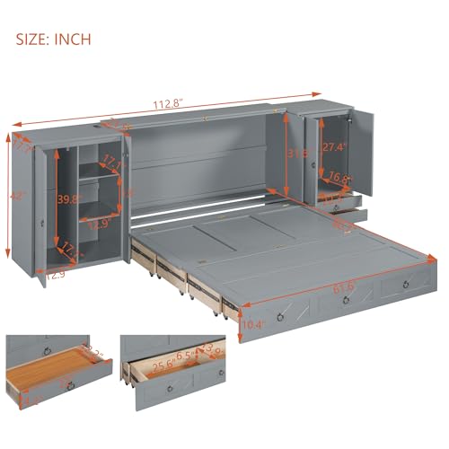 Queen Size Murphy Bed Wall Bed, Solid Pine Murphy Bed Chest Cube Cabinet Bed with USB, Charging Station