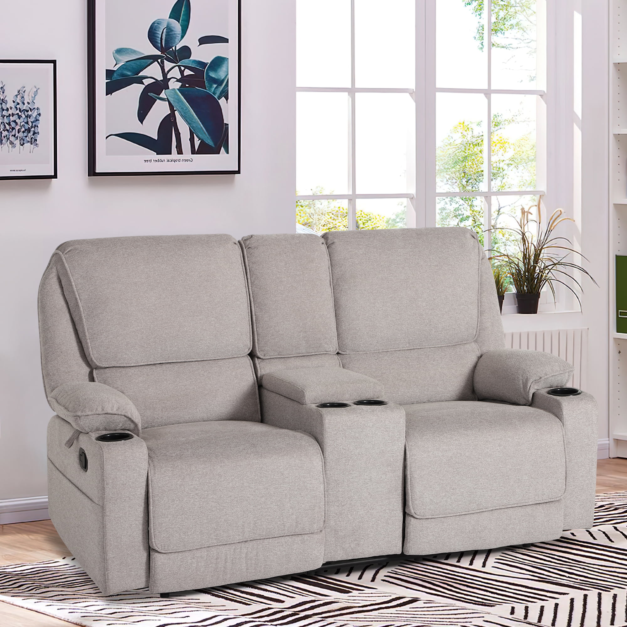 Reclining Sofa, 2 seater Manual Recliner Sofa with Cup Holders,  Central Console Manual Reclining Loveseat for Living Room ,Home Theather Light Gray