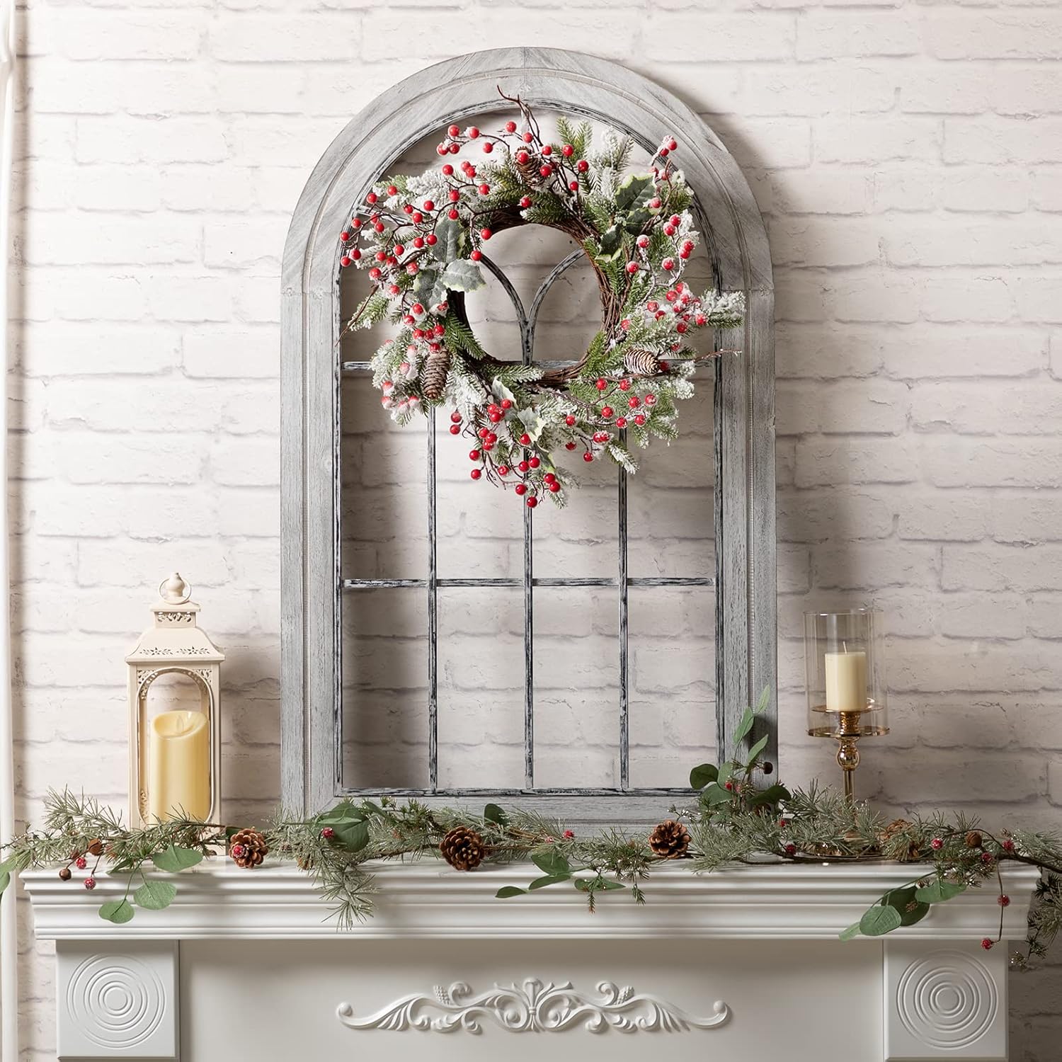 ALIMORDEN Gothic Style Arched Wood and Metal Rustic Window Pane Decorative Cathedral Window Frame