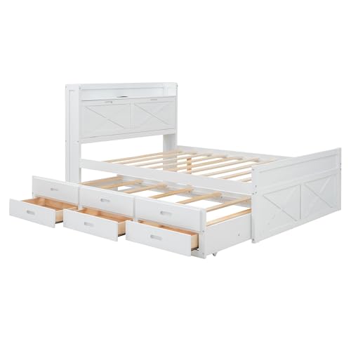 Harper & Bright Designs Twin Size Captain Platform Bed with Bookcase Headboard, Wood Twin Bed Frame with Storage Drawers and Shelves