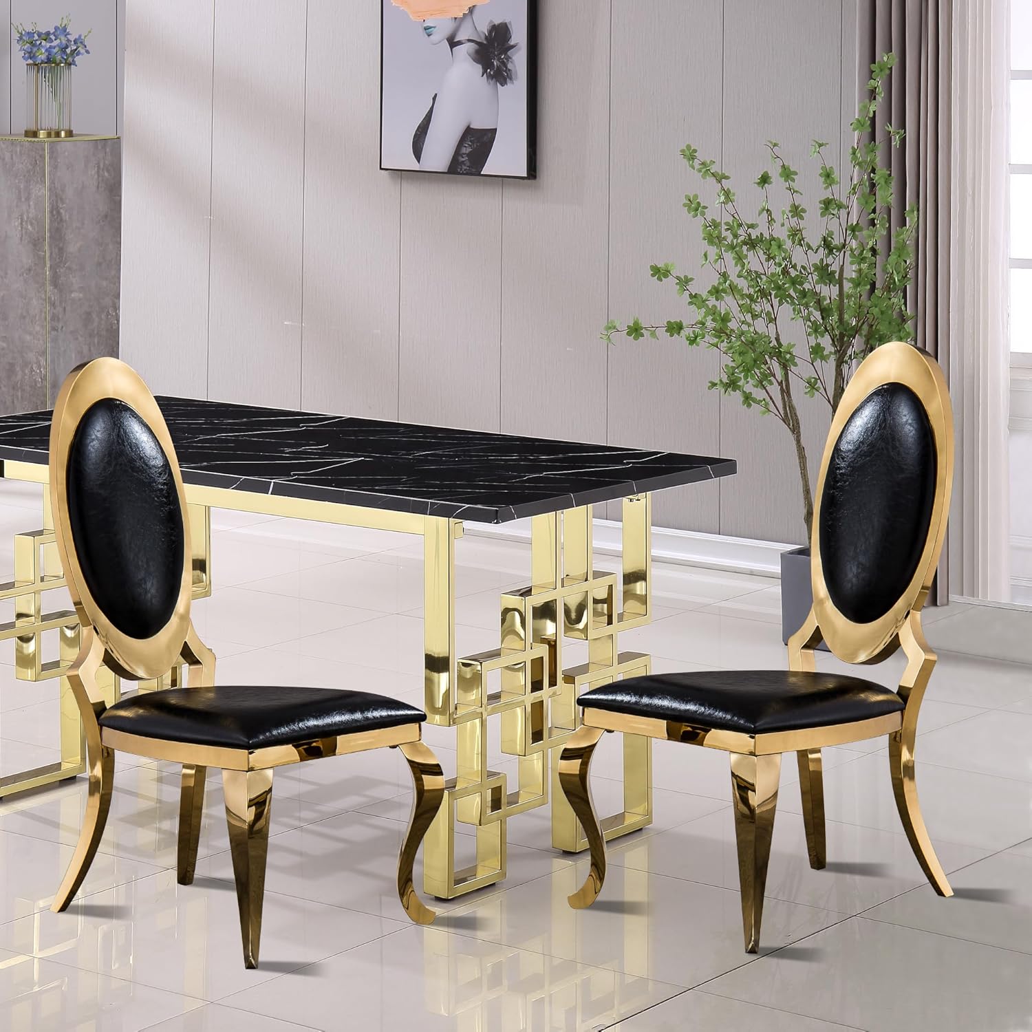Modern Dining Room Table Set for 4, Marble Dining Table Set for 4, 70" White Gold Marble Dining Table with Oval Backrest Black Leather Chairs