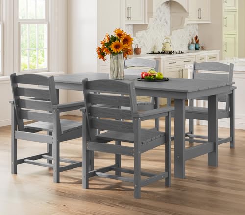 SERWALL Outdoor HDPE Dining Table Set, 7-Piece Outdoor Dining Table Sets with Umbrella Hole Cut-Out Table and 6 Chairs, Gray
