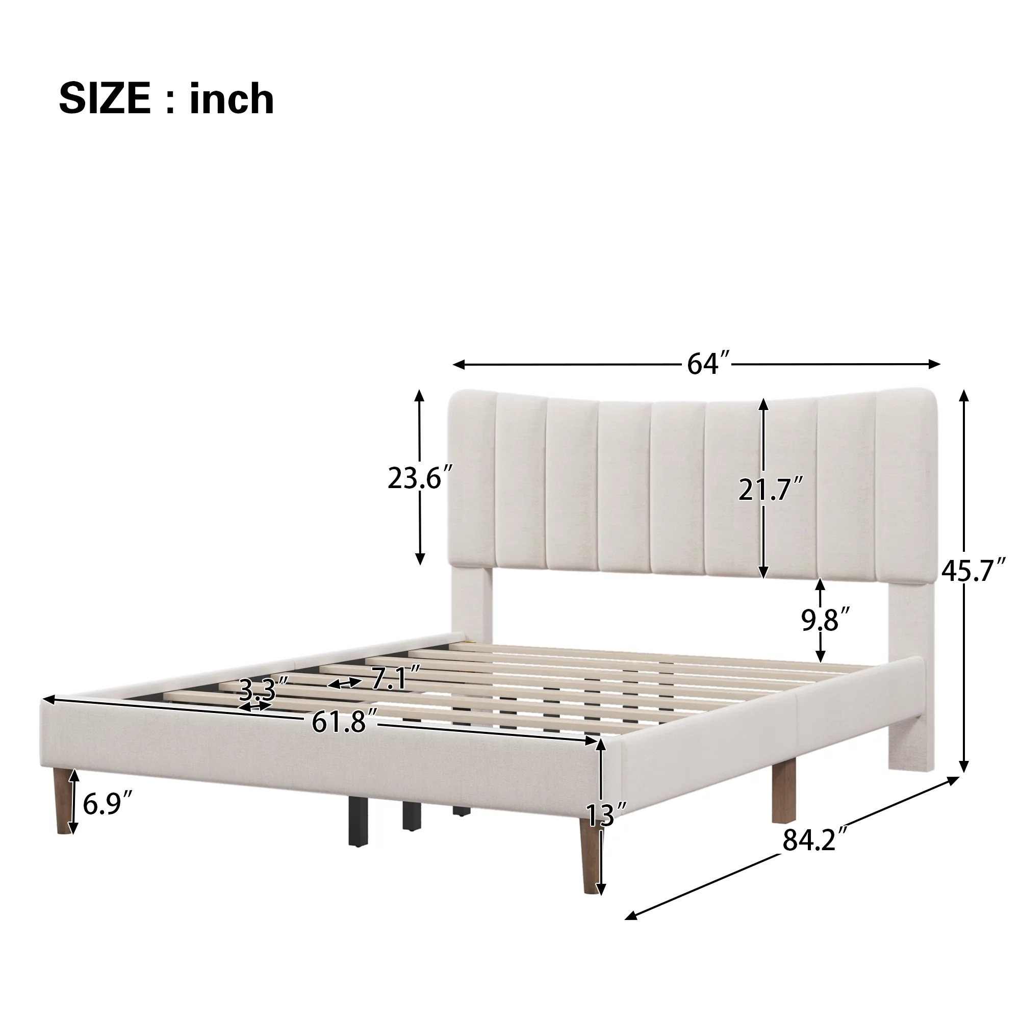 Paproos Bed Frame Queen, New Upgraded Upholstered Platform Bed with Vertical Channel Tufted Headboard, Solid Wood Legs, No Box Spring Needed