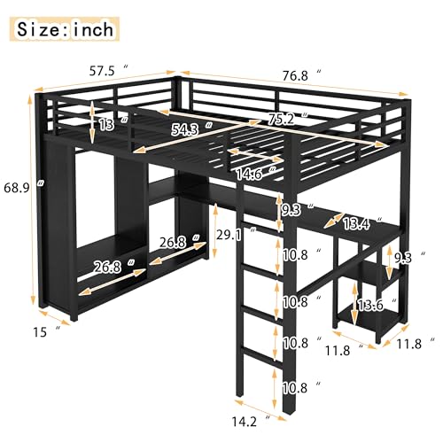 Queen Heavy Duty Metal Loft Bed with L-Shaped Desk, Wardrobe & 5 Storage Shelves – Space-Saving Design for Kids, Teens, Adults – CPC Certified