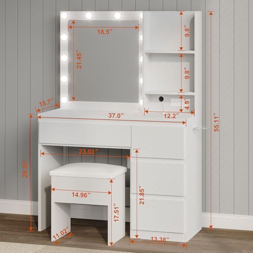 Vanity Desk with Mirror and 12 LED Lights, Makeup Vanity Table with Charging Station, 4 Drawers and Hairdryer Holder, Padded Stool with Storage, White