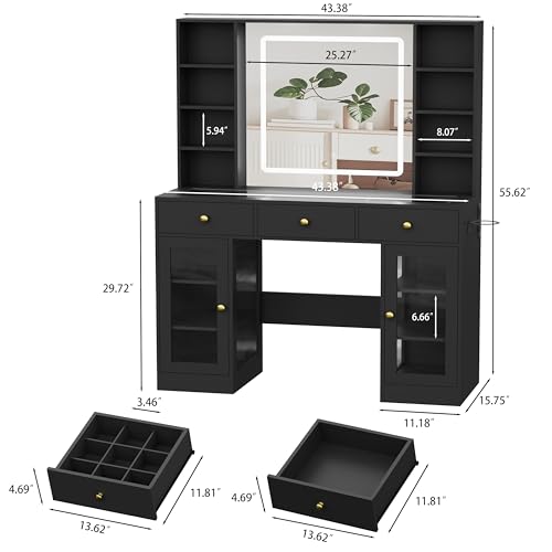 White Vanity Desk with Mirror and Lights, Glass Top Vanity with Lighted Mirror & RGB Glass Cabinet and 3 Drawers