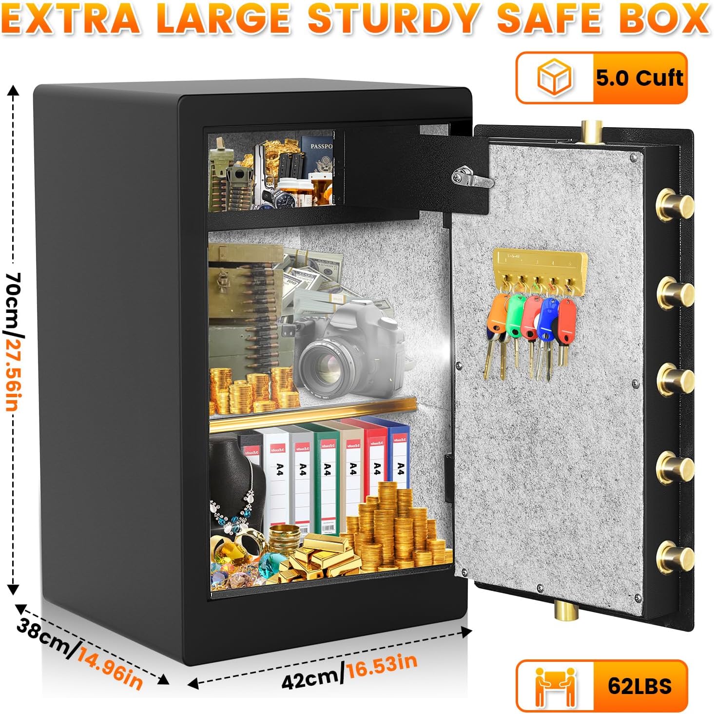 5.0 Cuft Extra Large Fireproof Safe Box For Home, Heavy Duty Digital Home Safes Fireproof Waterproof with Key Combination Lock, Sensor Light