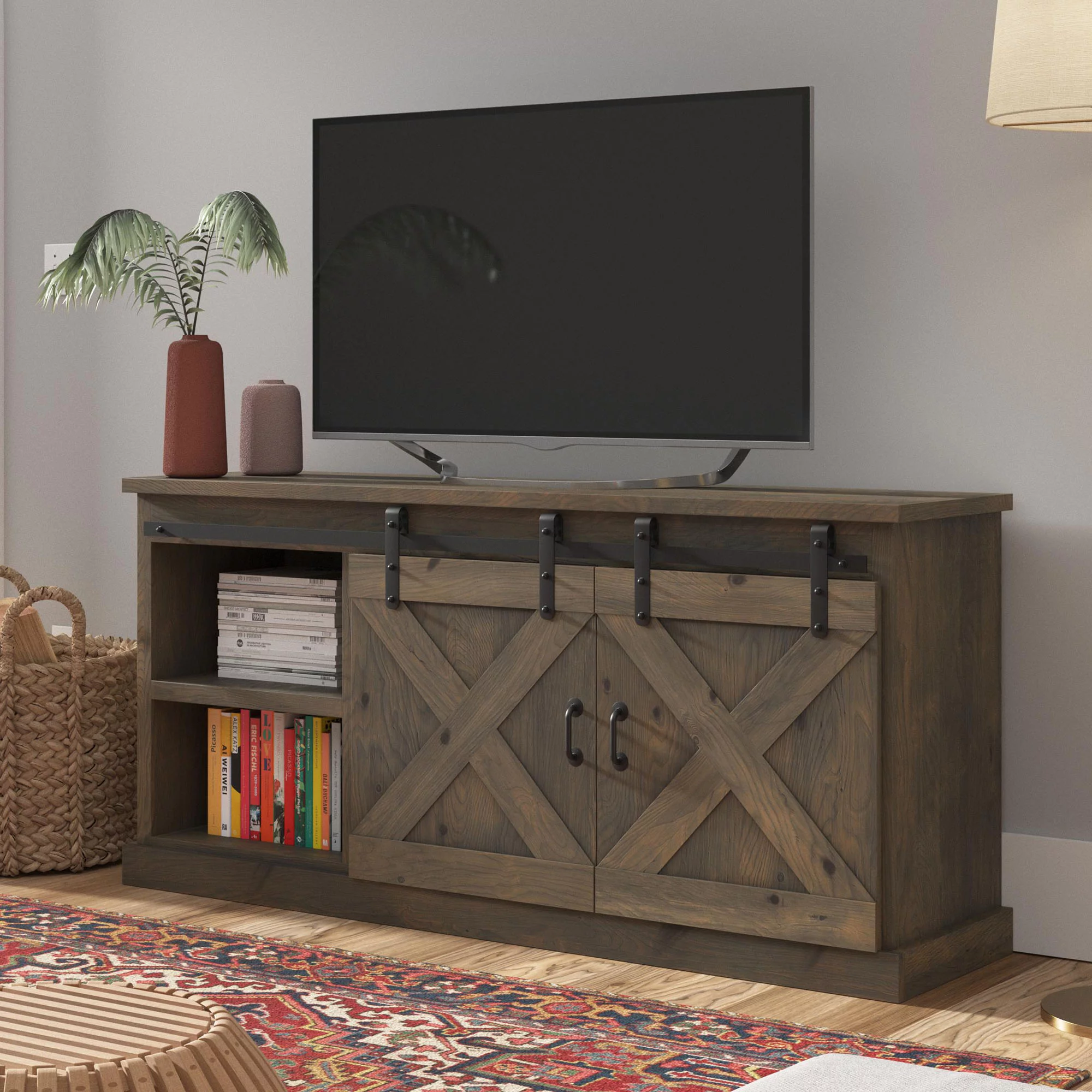 Bridgevine Home Modern Farmhouse Fully Assembled TV Stand with Sliding Barn Style Doors