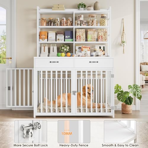 Keyluv 71''H x 47.2''W Large Dog Crate Furniture with 4-Tier Shelves and 2 Storage Drawers, Heavy Duty Dog Cage Furniture with 2 Doors