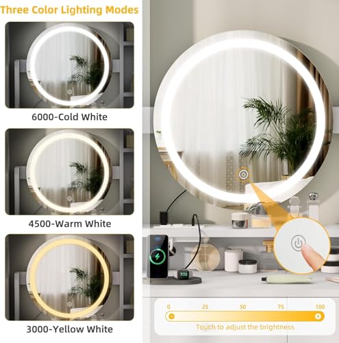 DWVO Vanity Desk with Mirror and Lights, Makeup Vanity Table Set with Power Outlets and Chair, 3 Lighting Colors
