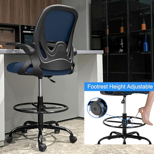 Primy Drafting Chair Tall Office Chair with Flip-up Armrests Executive Ergonomic Computer Standing Desk Chair with Lumbar Support and Adjustable