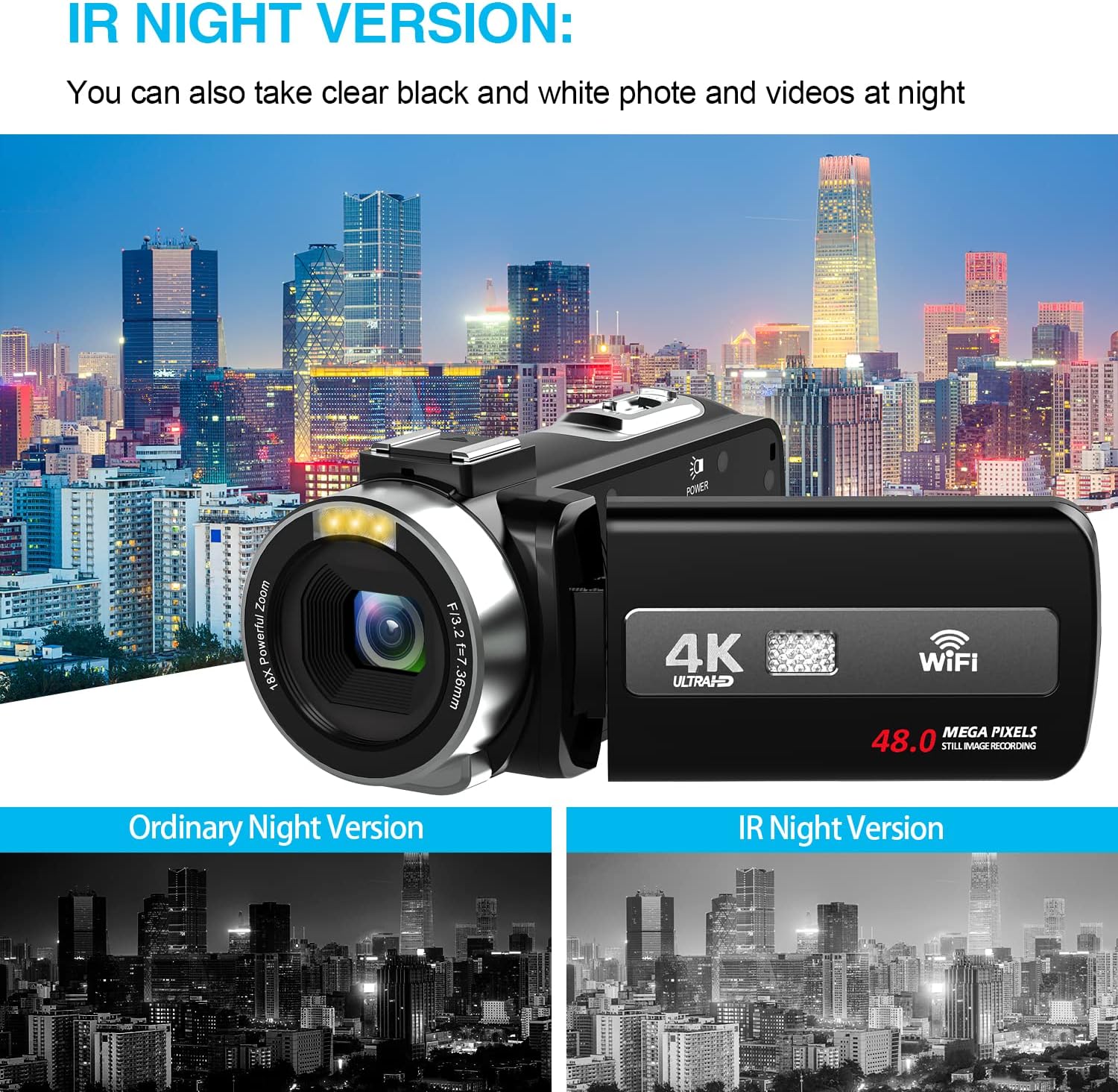 Hojocojo Video Camera, 4K Camcorder with IR Night Vision, WiFi Digital Camera, 18X Digital Zoom, Vlogging Camera for YouTube, Kids Video Camera