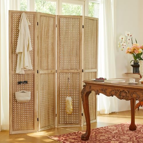 Pegboard Display, 5.6Ft Wooden Room Divider Folding Privacy Screens Portable Freestanding Wall Organizer for Retail Craft Art Display Board (4panels