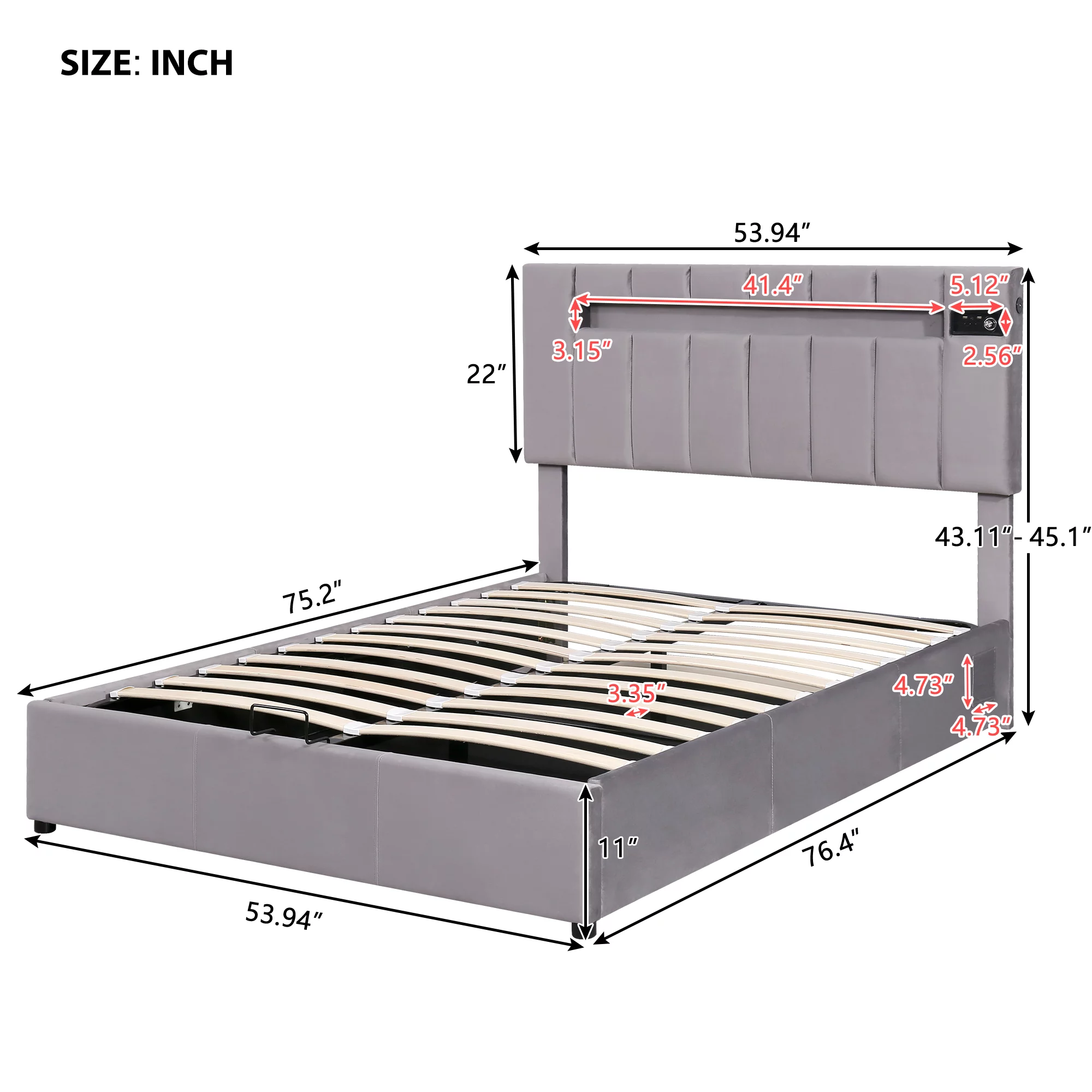 Bellemave Full Size Bed Frame with Storage and LED Light, Lift Up Upholstered Platform Bed with Bluetooth Player and USB Charging