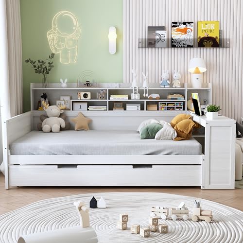 Corner Twin Bed Frame with Bookcase Storage and Desk, Wood Day Beds with 2 Drawers, Twin Size Daybed with Storage for Living Room