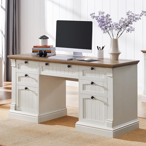 OKD 60" Executive Desk with Drawers, Farmhouse Home Office Desk with Charging Station, Keyboard Tray, File Cabinet Storage
