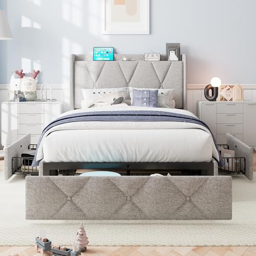 iPormis Queen Bed Frame with 4 Storage Drawers, Upholstered Platform Bed Frame with Charging Station, Modern Wingback Storage Headboard