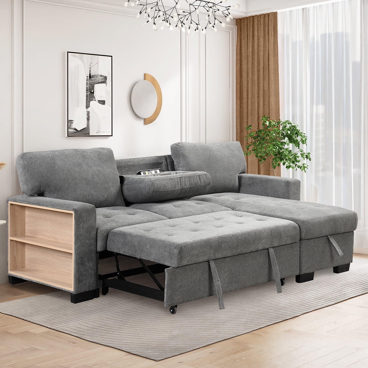 Churanty Functional Sectional Pull Out Sofa Bed with Storage L Shaped Corner Sofa Couch with Drop Down Table and USB Charger for Small Apartment,Gray