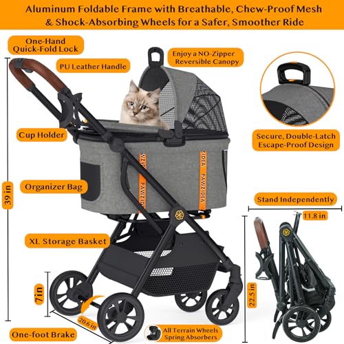 PAWZIDEA Dog Stroller for Large Dogs, Pet Stroller with Detachable Carrier for Portable Dog Crate for Car Seat, Foldable Dogs Jogger Strollers