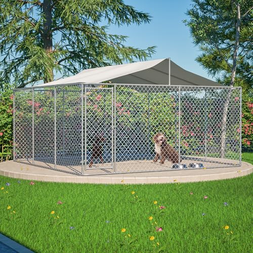 Large Outdoor Dog Kennel, Heavy Duty Galvanized Steel Dog Enclosure, Chicken Coop with Waterproof UV-Resistant Cover