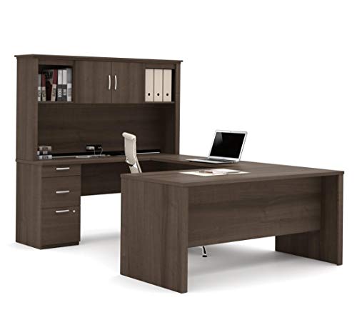 Bestar Logan 66W U or L-Shaped Executive Office Desk with Pedestal and Hutch in Bark Grey, Table Workstation for Personal Home Workspace