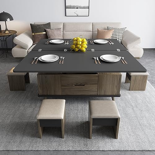 Multifunctional Lift Top Coffee Table with Four Stools,Center Table with Hidden Storage Compartments,Saving Space Indoor Tea Table
