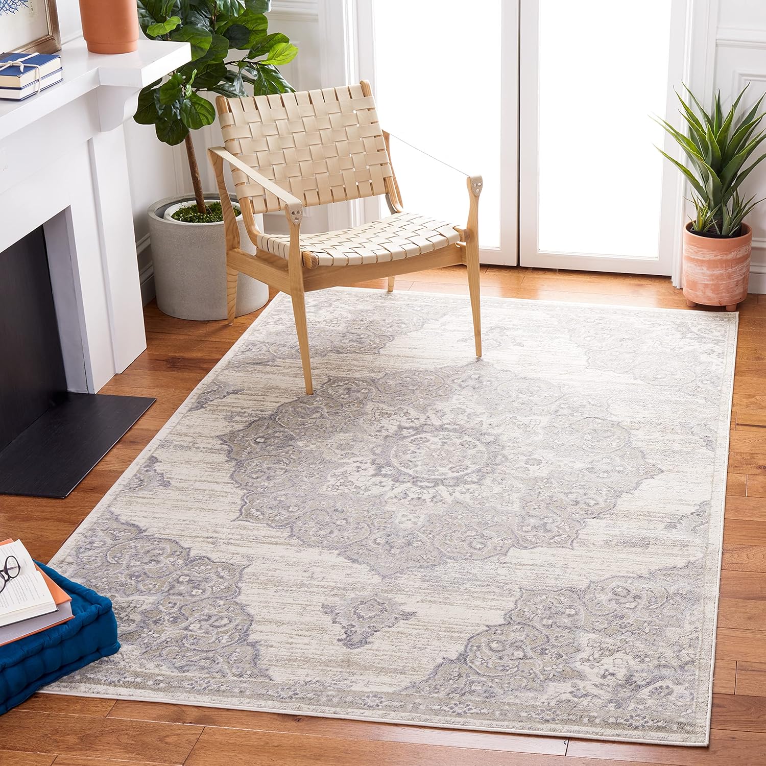SAFAVIEH Brentwood Collection Area Rug - 9' x 12', Ivory & Beige, Medallion Distressed Design, Non-Shedding & Easy Care