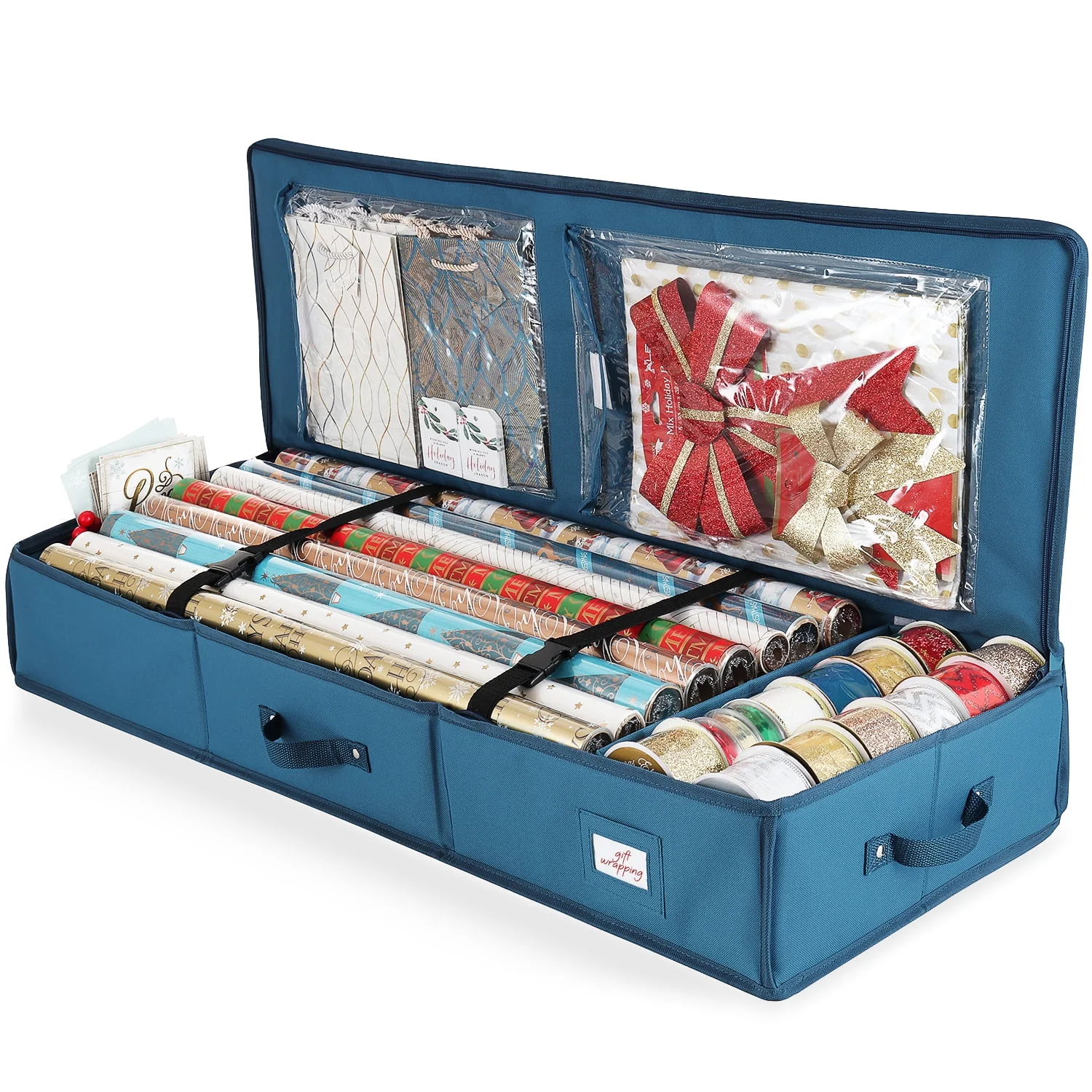 Hearth & Harbor Wrapping Paper Storage Container, Christmas Storage Bag with Interior Pockets - Fits Up to 22 Rolls of 40