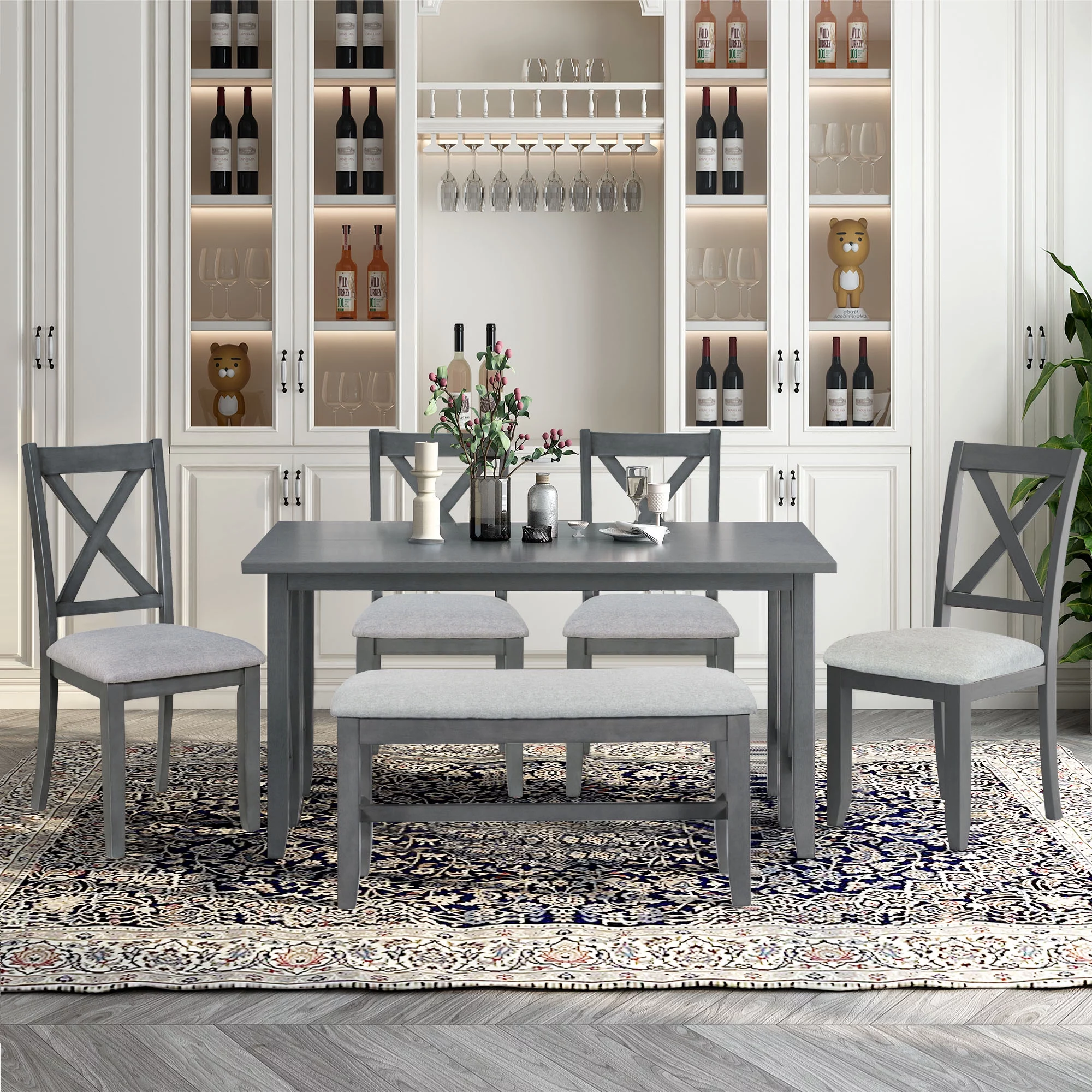 CoSoTower 6-Piece Family Dining Room Set Solid Wood Space Saving Foldable Table and 4 Chairs with Bench for Dining Room, Gray