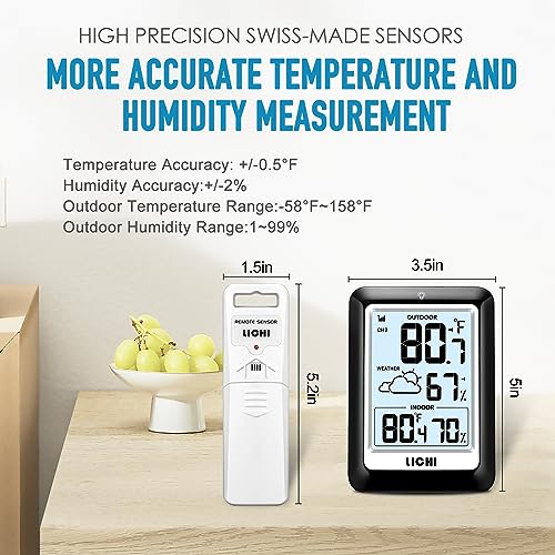 Indoor Outdoor Thermometer Wireless Weather Station, Internal External Thermometer Hygrometer