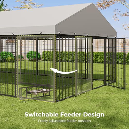 10X19FT Large Dog Kennel Outside with Feeding, Heavy Duty Outdoor Dog Run Cage with Cover & Lock, Outdoor Pet Enclosure Fence for Yard with Roof