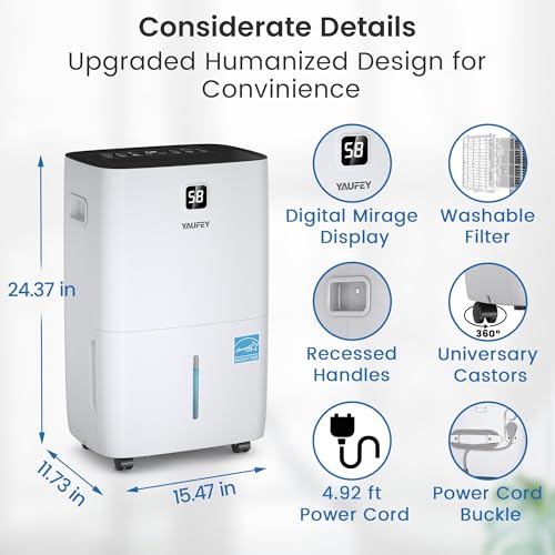 Yaufey 2500 Sq. Ft Home Dehumidifier for Medium to Large Rooms and Basements with Auto or Manual Drainage, 0.48 Gallon Water Tank Capacity
