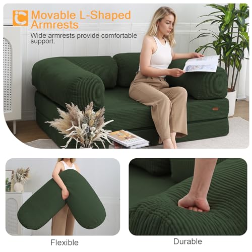 COMAX Folding Sofa Bed, Convertible Chair Bed Corduroy 3-in-1 Foldable Floor Couch with High-Density Foam, Futon Sofa Sleeper Mattress