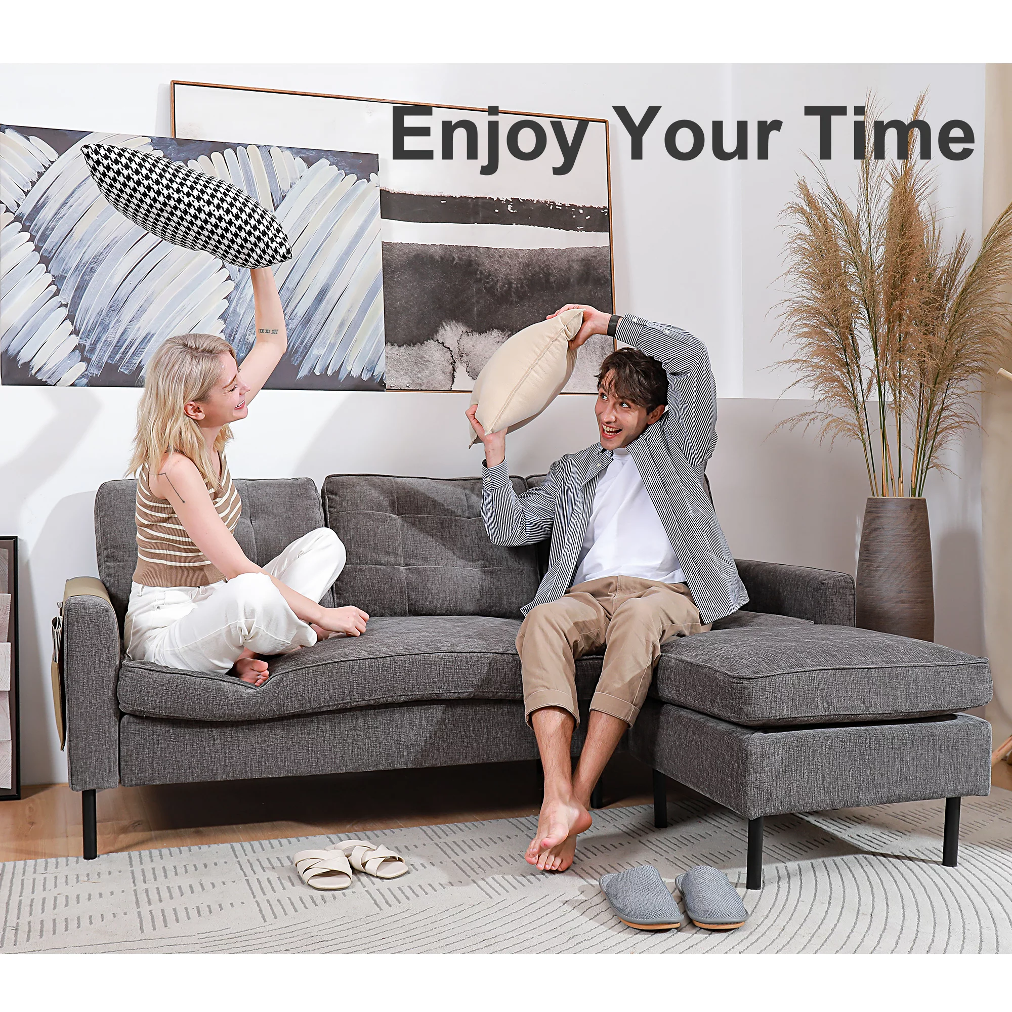 Sectional Sofa Couch Converible - L Shaped Sofa Adult Size with Grey Chenille fabric
