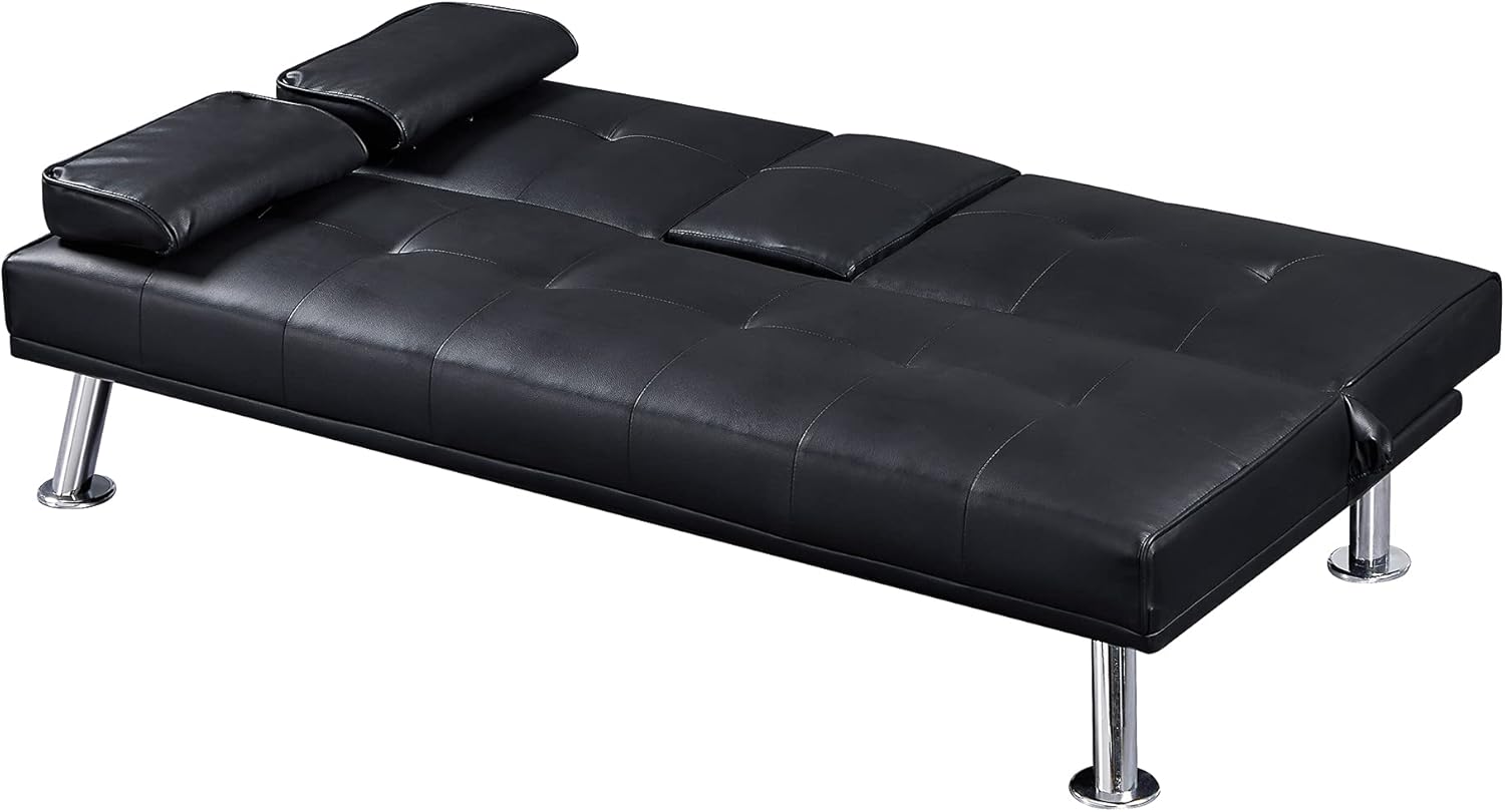 Black Faux Leather Loveseat Sofa Bed with Cup Holders, Convertible Folding Sleeper Couch Bed