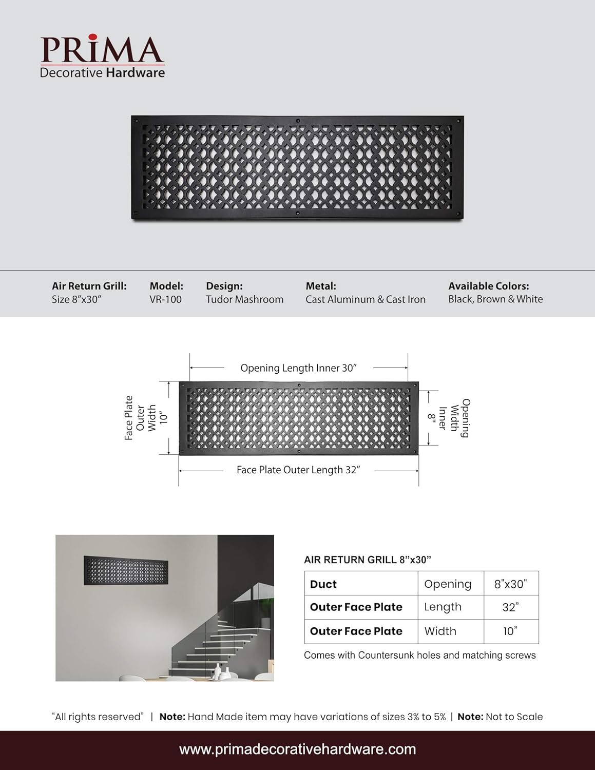 Prima Decorative - Cast Aluminum Air Return Grill 8″ x 30″ (Black)