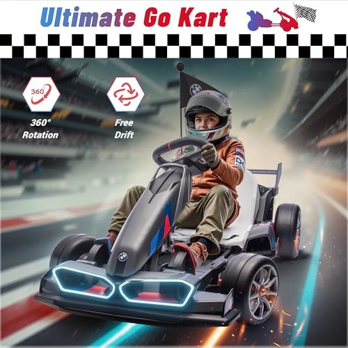 Electric Go Kart with Adjustable Seat, 24V Licensed BMW Drift Kart with Dual 200W Motors, Crazy Go Cart for Kids Ages 6-12, LED Lights
