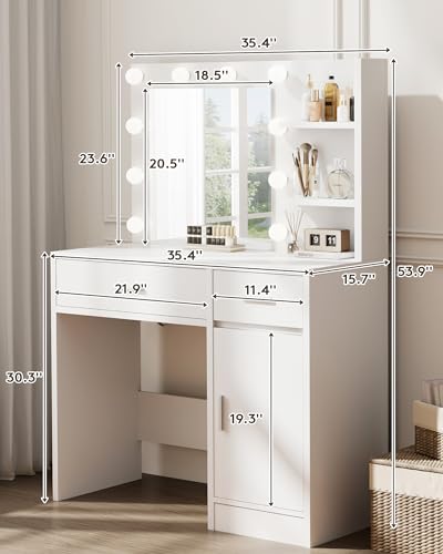 Vanity Desk with Mirror and Lights, Makeup Vanity with Drawer & Storage Shelves, Cabinet, 3 Lighting Modes Adjustable Brightness
