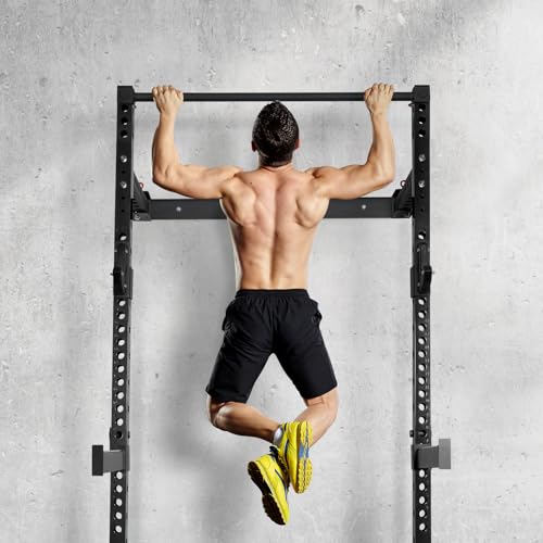 RitFit Multi-Functional Folding Squat Rack for Home Gym, 2.36'' x 2.36'' Wall Mounted Squat Rack with Attachments - Space Saving Squat Power Rack
