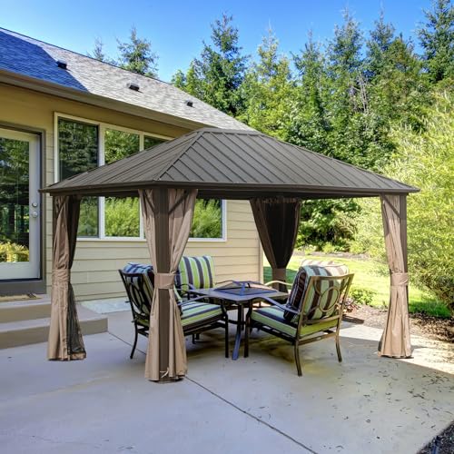 Domi 10’ x 10’ Hardtop Gazebo Metal Frame Canopy with Netting & Curtains