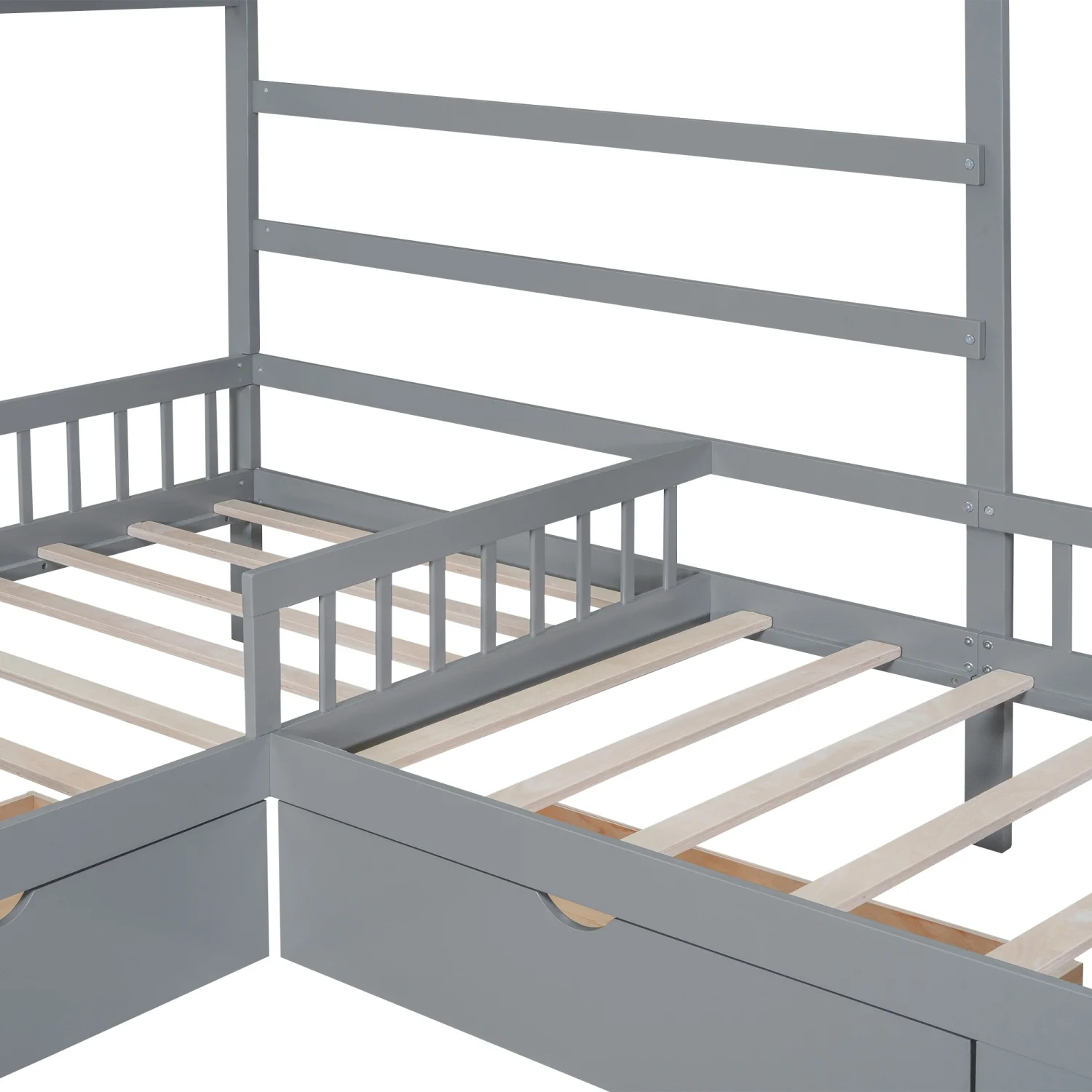 Churanty L Shaped Twin Bed for 2 Kids, Twin Size House Platform Bed with 3 Storage Drawers, Wood Double Twin Beds with Fence and Roof