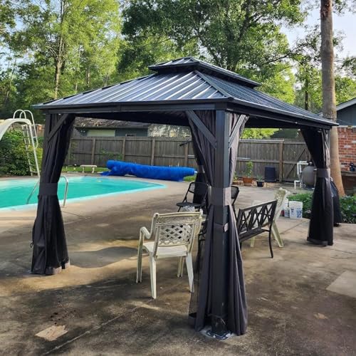 Domi 10’ x 10’ Hardtop Gazebo Metal Frame Canopy with Netting & Curtains
