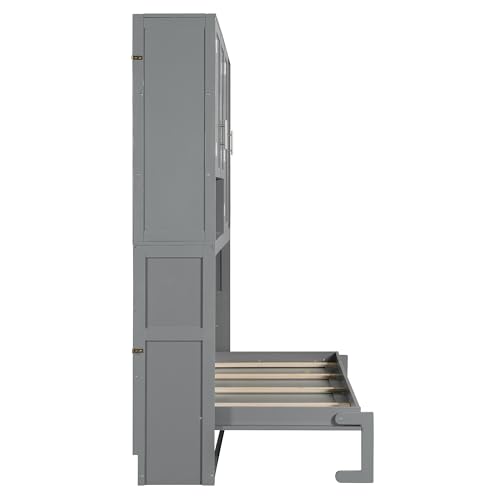 SOFTSEA Twin Size Murphy Bed Frame with Storage Cabinet and Shelves, Foldable Wall Bed with Light & USB for Guest Room, No Box Spring Needed, Gray