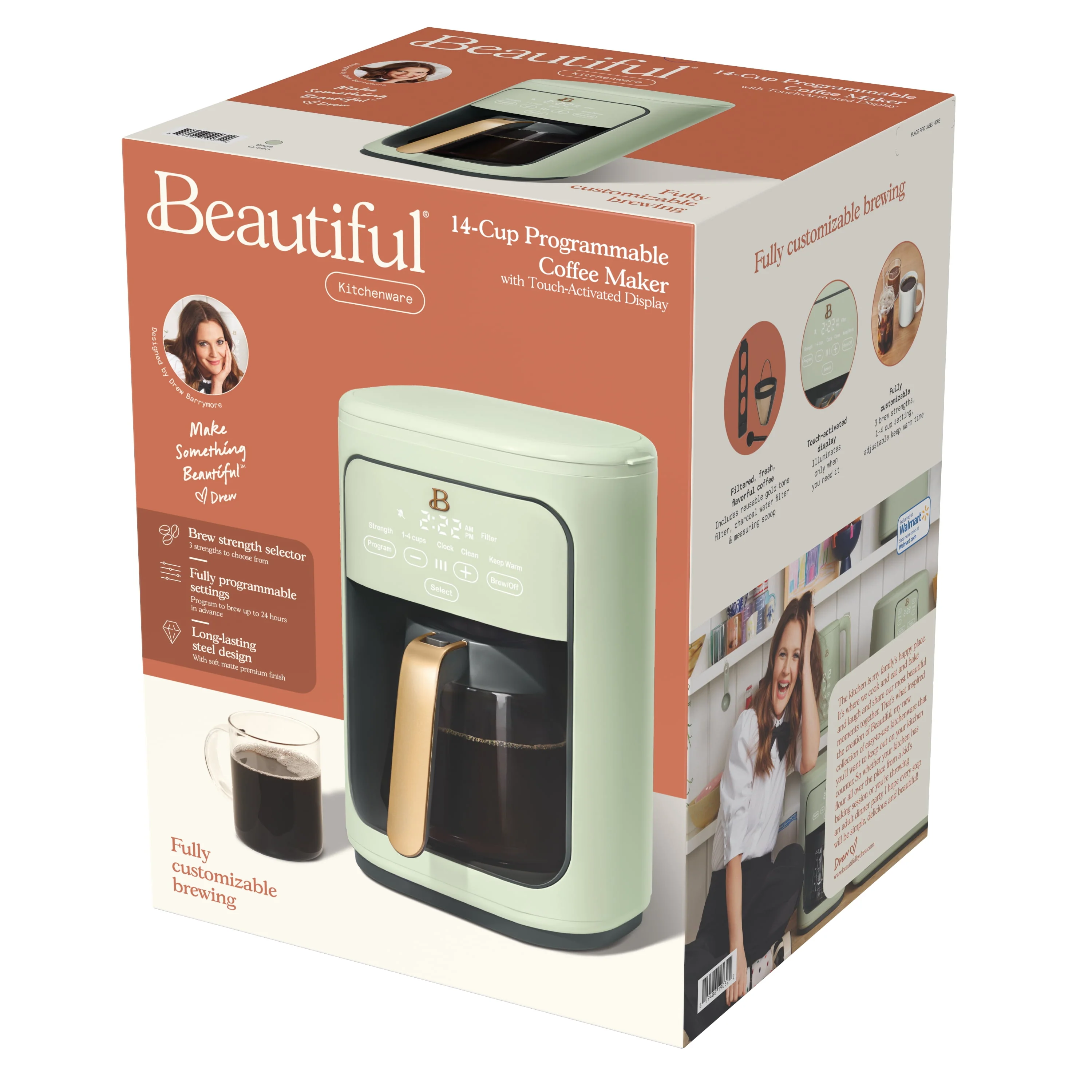Beautiful 14-Cup Programmable Drip Coffee Maker with Touch-Activated Display, Rose by Drew Barrymore