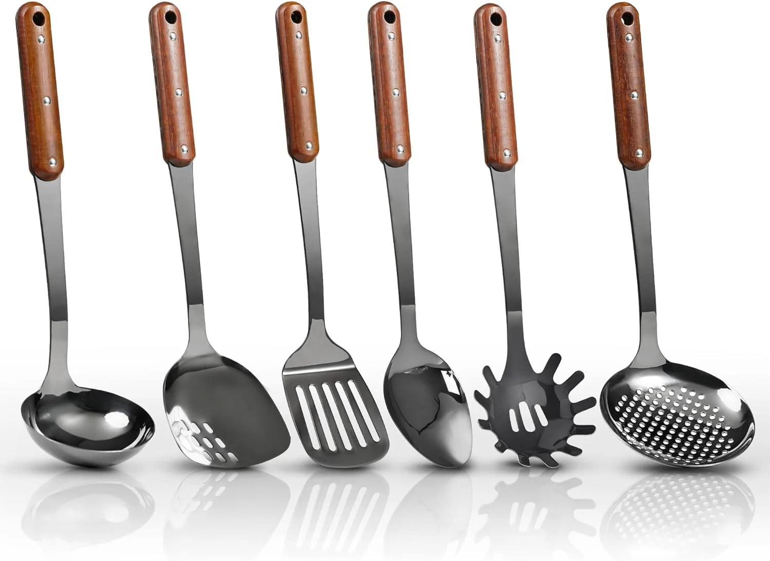 Stainless Steel Cooking Utensils Set, Mirror Polished 6 Pieces Kitchen Utensils Set, Kitchen Tools Set With Wooden Handle Non-Stick Heat Resistant