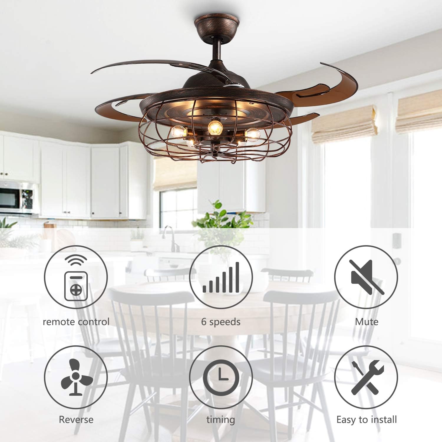 Siljoy 48 Retractable Blades Chandelier Ceiling Fan Industrial Retro Fandelier with Remote