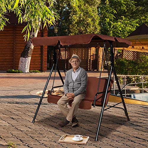 Tangkula 3 Person Porch Swing, Patio with Removable Cushion & Powder-Coated Steel Frame, Outdoor Swing with Canopy for Porch, Backyard, Garden