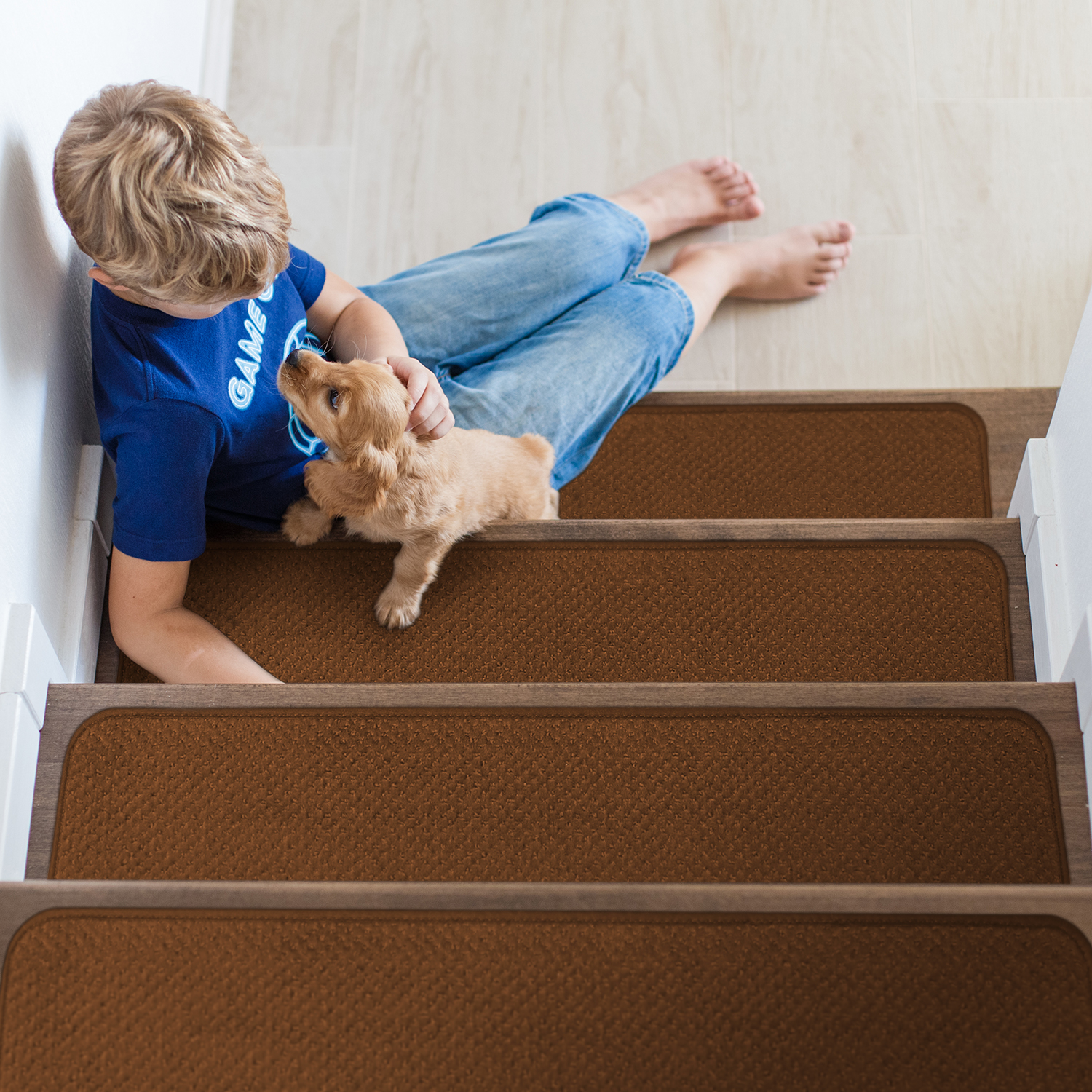 Set of 15 Skid-Resistant Carpet Stair Treads - Toffee Brown - 8 Inches X 23.5 Inches