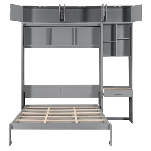 P PURLOVE Wood Twin Murphy Bed with Light and USB, Modern Wall Bed with Top Cabinet and Storage Shelves, Space Saving, No Box Spring Needed (Gray)