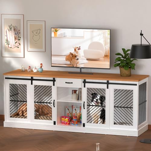 86.6” Large Dog Crate Furniture for 2 Dogs, Decorative Wooden Double Dog Kennel Indoor